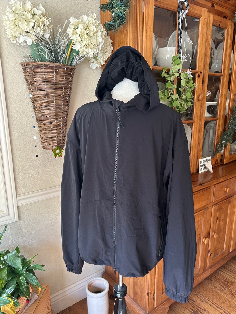 Men's Black Hooded Windbreaker Jacket - Lightweight Zip Front New